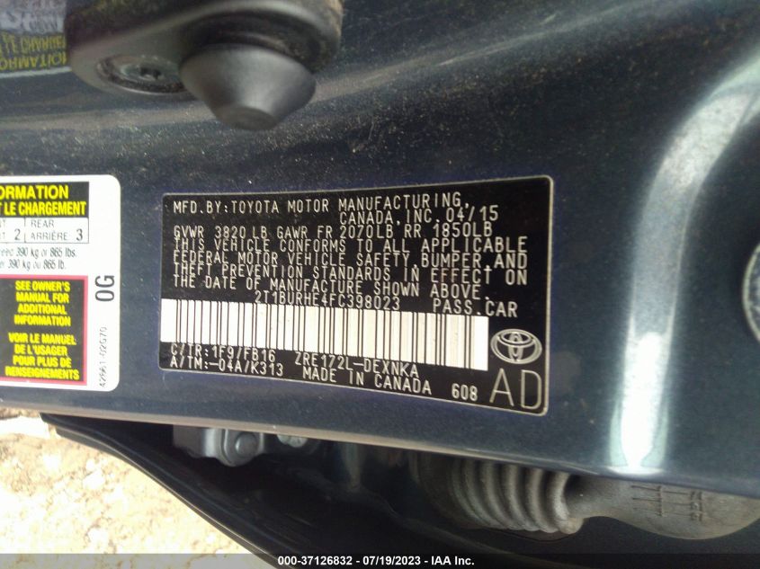 2015 TOYOTA COROLLA L/LE/S/S PLUS/LE PLUS - 2T1BURHE4FC398023