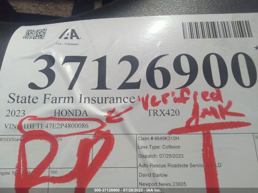 2023 HONDA TRX420 FA 1HFTE47E2P4800086