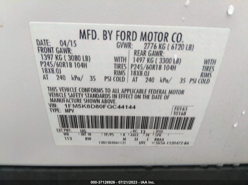 2015 FORD EXPLORER XLT - 1FM5K8D80FGC44144
