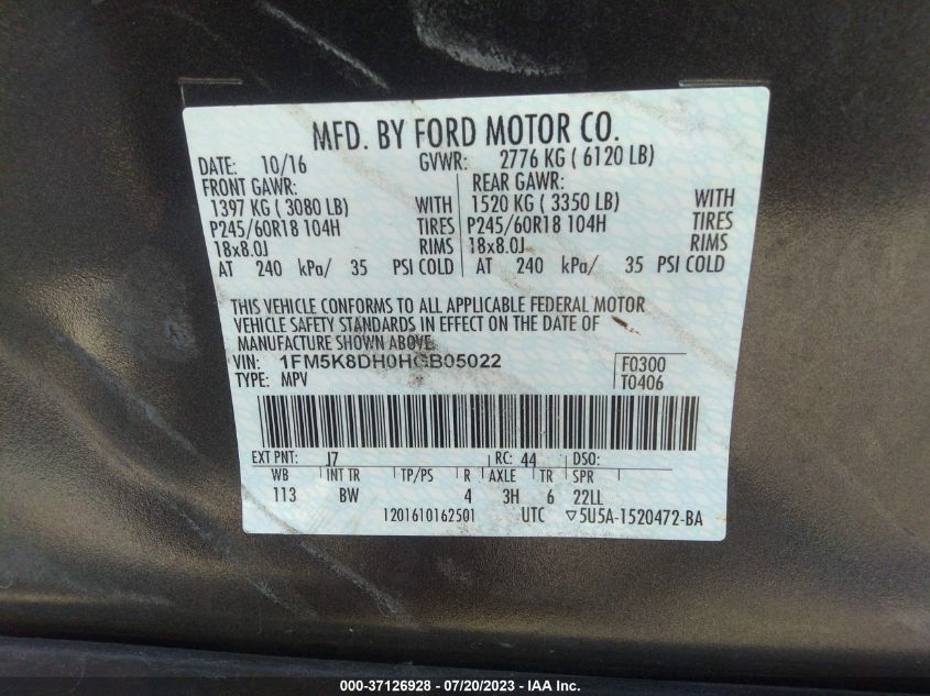 2017 FORD EXPLORER XLT - 1FM5K8DH0HGB05022