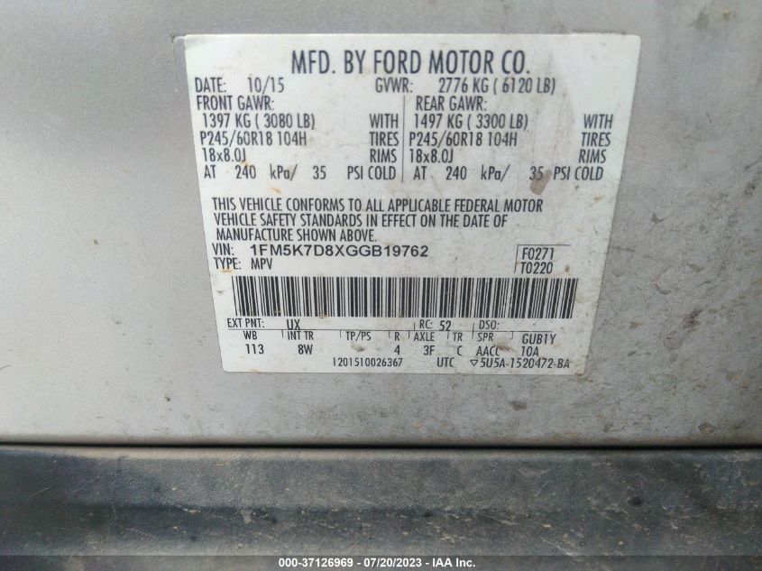 2016 FORD EXPLORER XLT - 1FM5K7D8XGGB19762