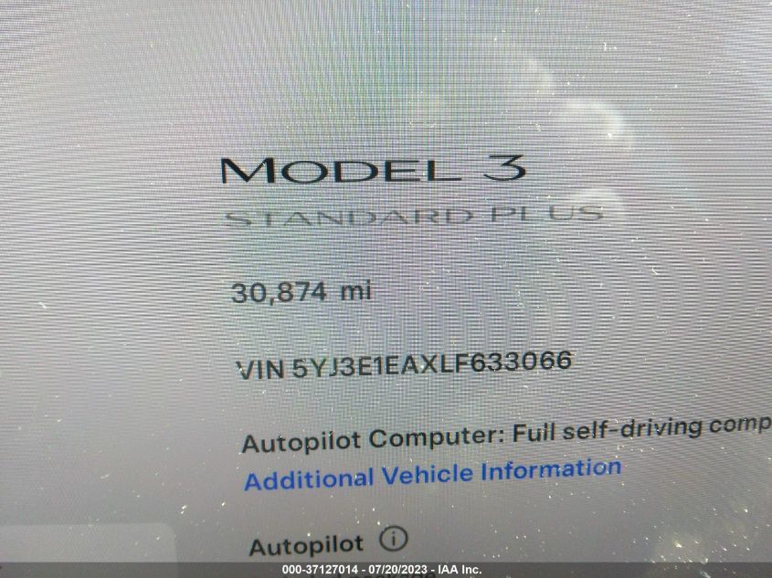 2020 TESLA MODEL 3 STANDARD RANGE - 5YJ3E1EAXLF633066