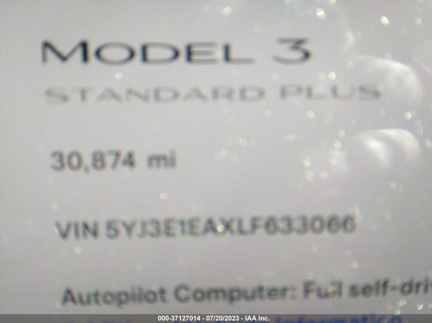 2020 TESLA MODEL 3 STANDARD RANGE - 5YJ3E1EAXLF633066