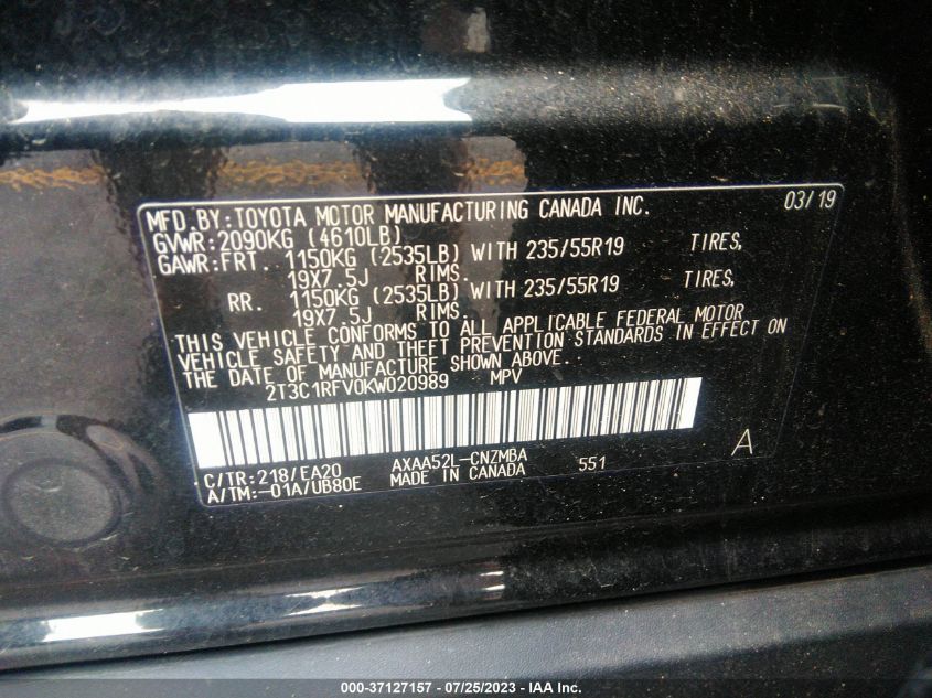 2019 TOYOTA RAV4 XLE PREMIUM - 2T3C1RFV0KW020989