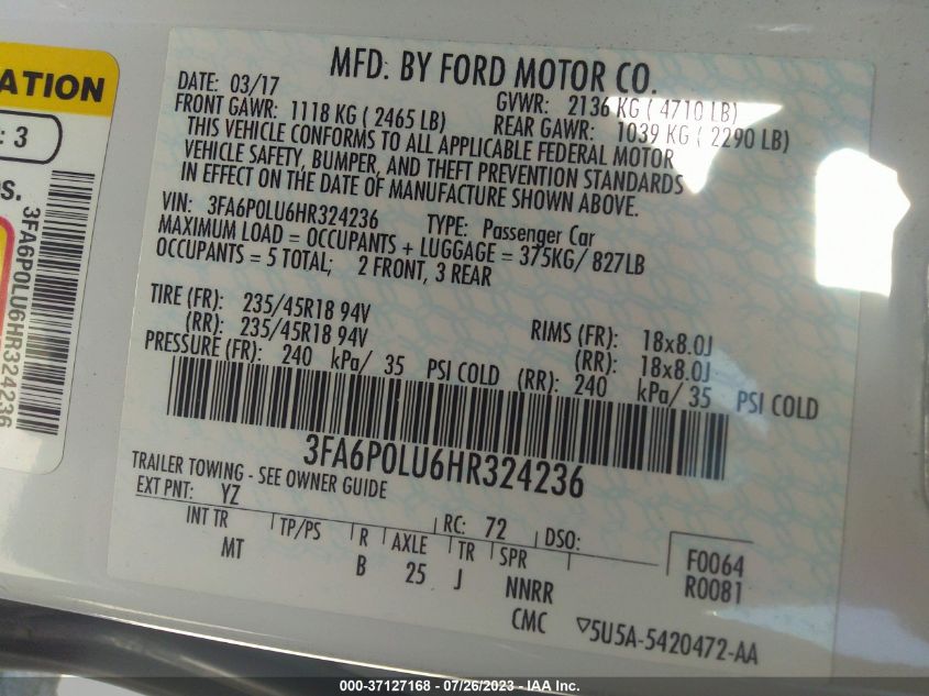 2017 FORD FUSION HYBRID SE - 3FA6P0LU6HR324236
