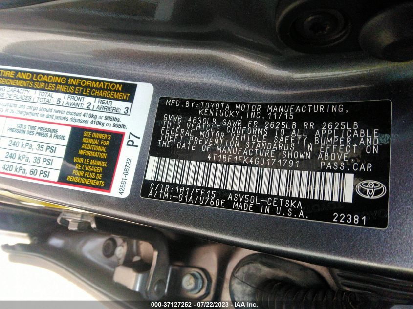 2016 TOYOTA CAMRY XLE/SE/LE/XSE - 4T1BF1FK4GU171791