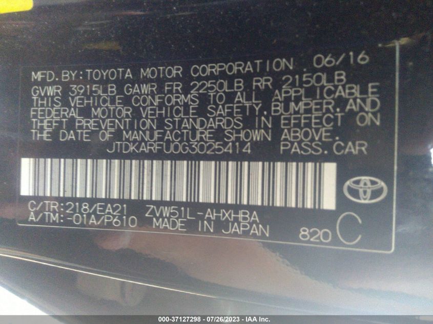 2016 TOYOTA PRIUS FOUR - JTDKARFU0G3025414