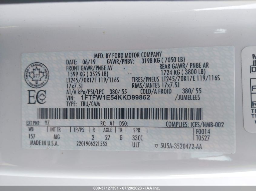 2019 FORD F-150 XL/XLT/LARIAT - 1FTFW1E54KKD99862