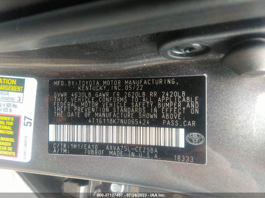 2022 TOYOTA CAMRY SE - 4T1G11BK7NU065424