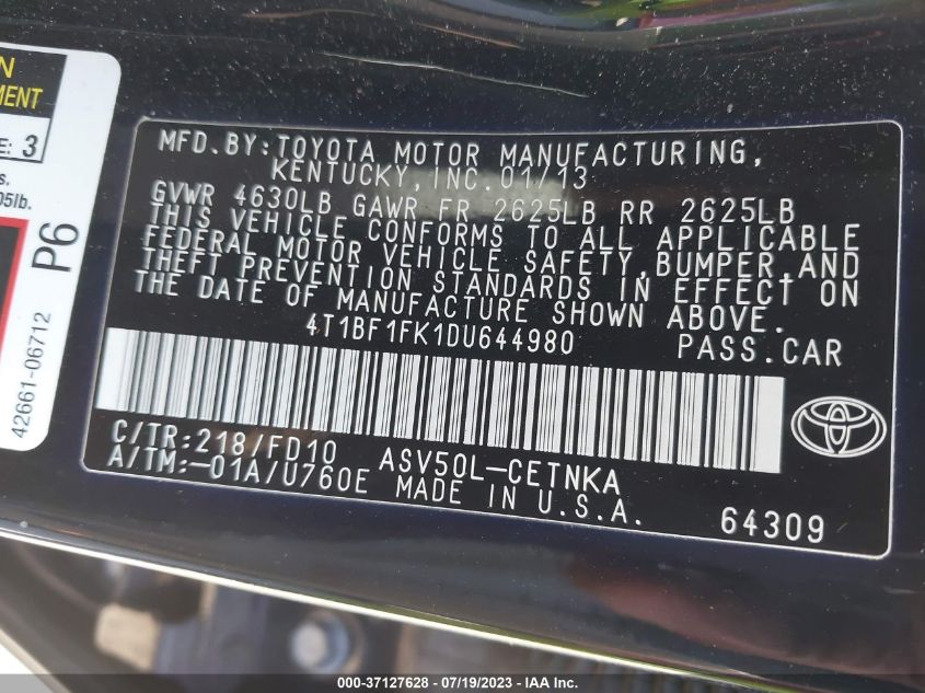 2013 TOYOTA CAMRY L/SE/LE/XLE - 4T1BF1FK1DU644980