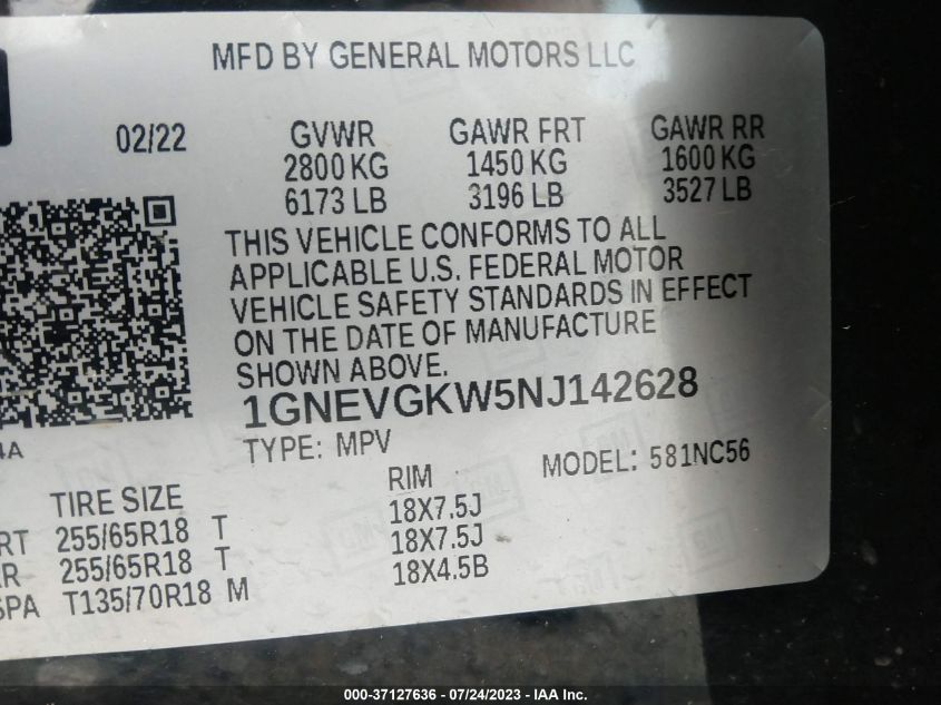 1GNEVGKW5NJ142628 Chevrolet Traverse LT CLOTH 9