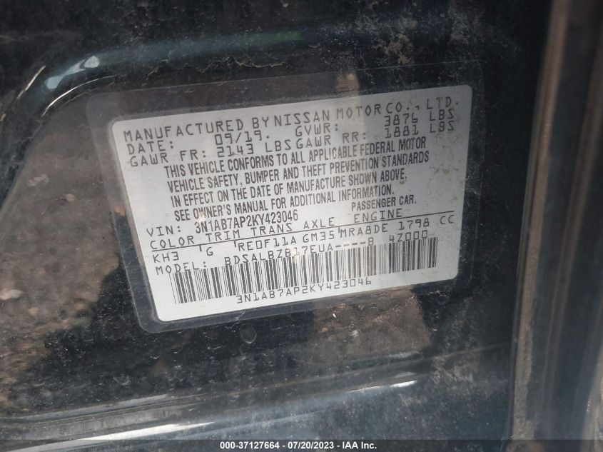 2019 NISSAN SENTRA S/SV/SR/SL - 3N1AB7AP2KY423046