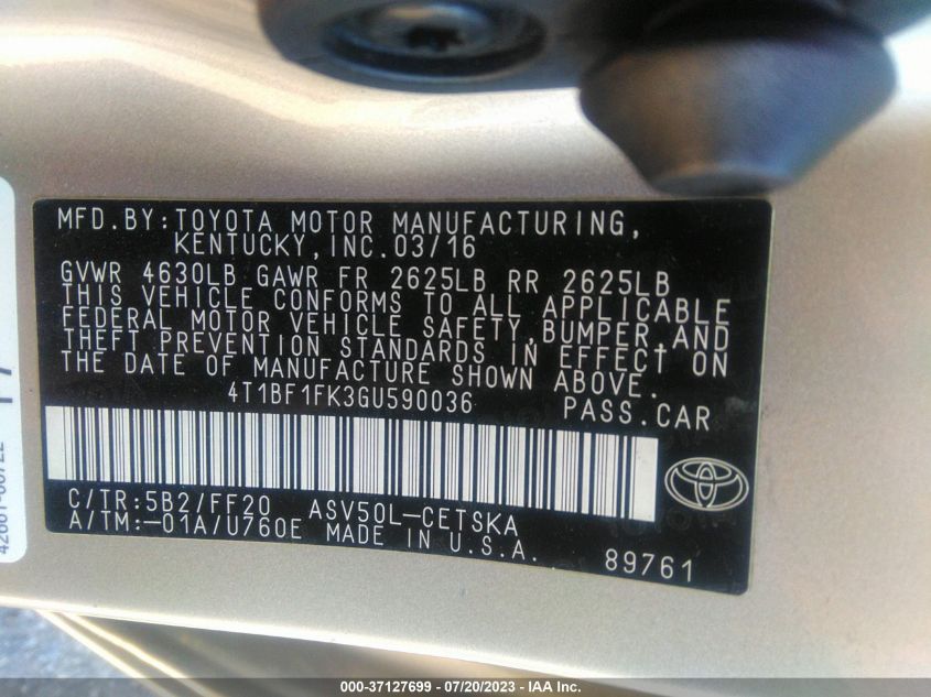 2016 TOYOTA CAMRY XLE/SE/LE/XSE - 4T1BF1FK3GU590036