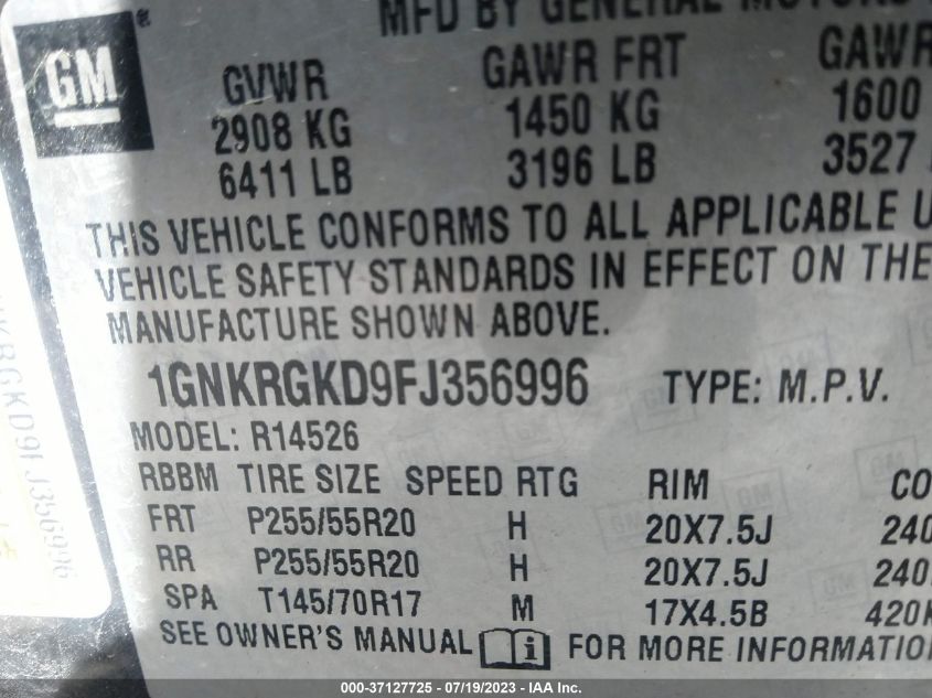 2015 CHEVROLET TRAVERSE LT - 1GNKRGKD9FJ356996