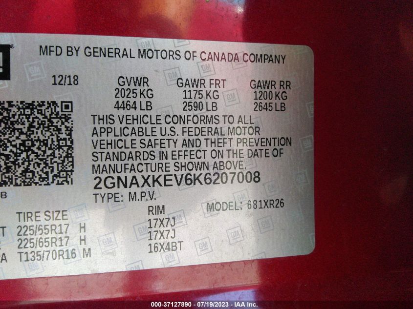 2019 CHEVROLET EQUINOX LT - 2GNAXKEV6K6207008