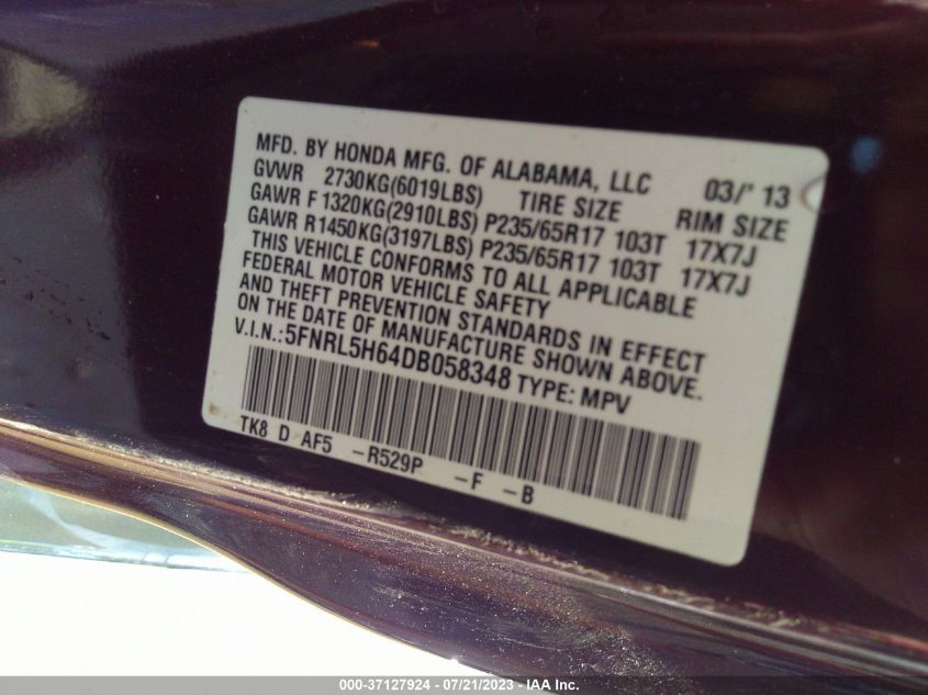 2013 HONDA ODYSSEY EX-L - 5FNRL5H64DB058348