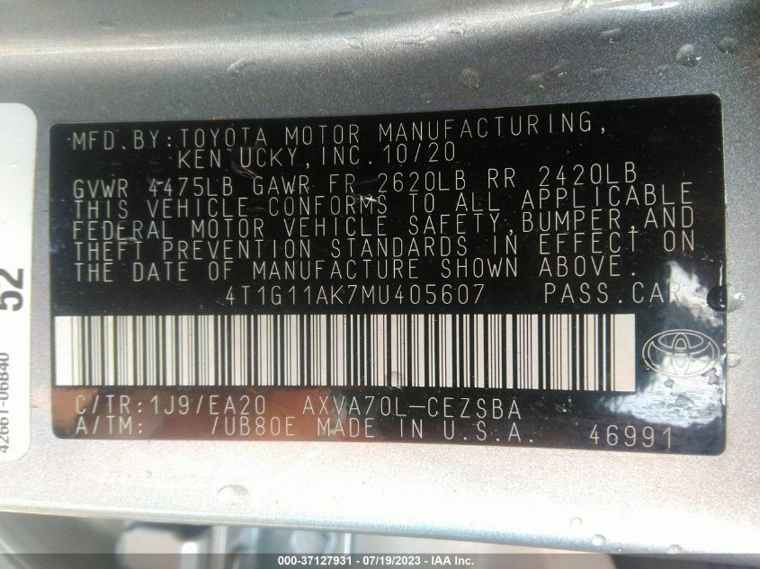 2021 TOYOTA CAMRY SE - 4T1G11AK7MU405607