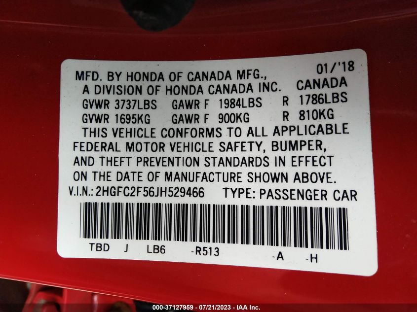 2018 HONDA CIVIC LX - 2HGFC2F56JH529466
