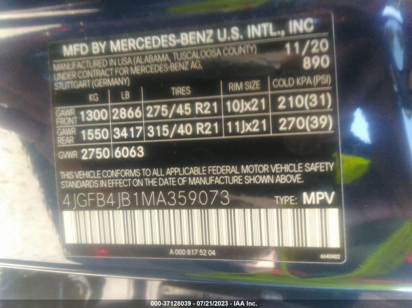 2021 MERCEDES-BENZ GLE 350 - 4JGFB4JB1MA359073