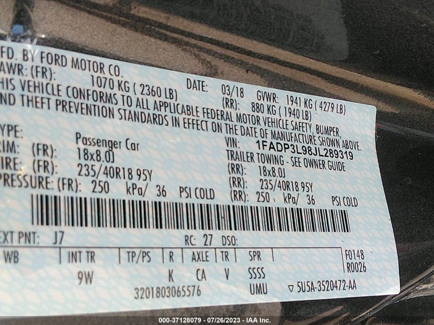 2018 FORD 4 DOOR SEDAN 1FADP3L98JL289319