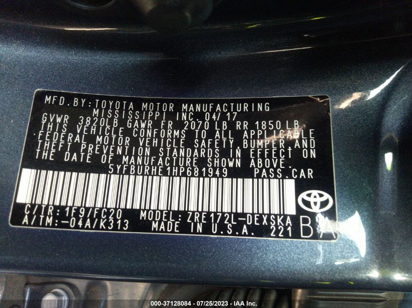 2017 TOYOTA COROLLA L/LE/XLE/SE - 5YFBURHE1HP681949