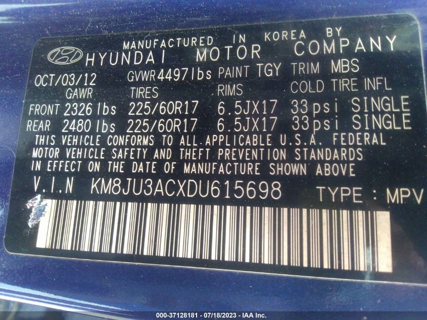 2013 HYUNDAI TUCSON GLS - KM8JU3ACXDU615698