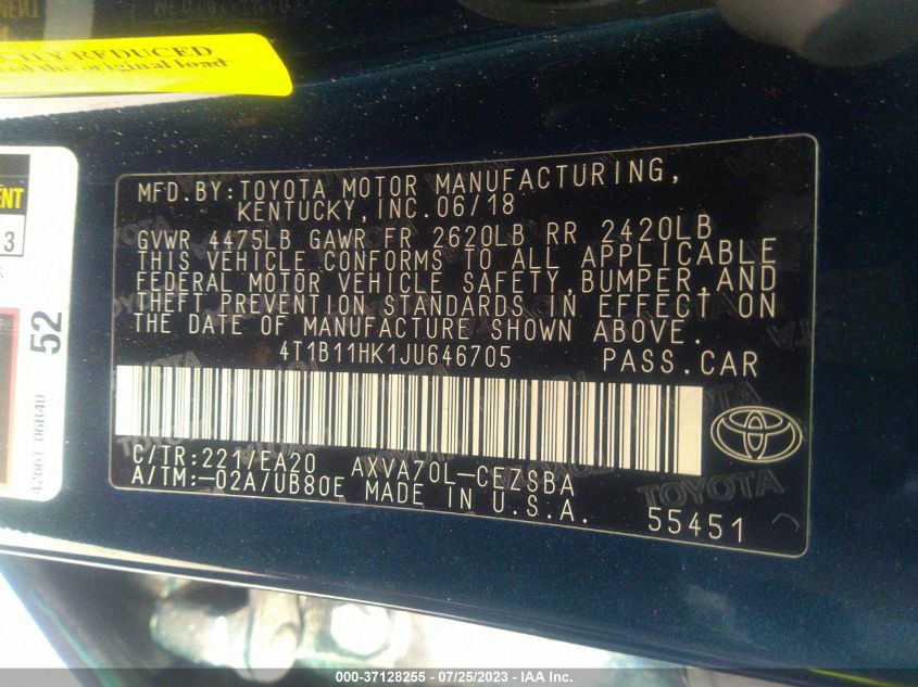 2018 TOYOTA CAMRY L/LE/XLE/SE/XSE - 4T1B11HK1JU646705