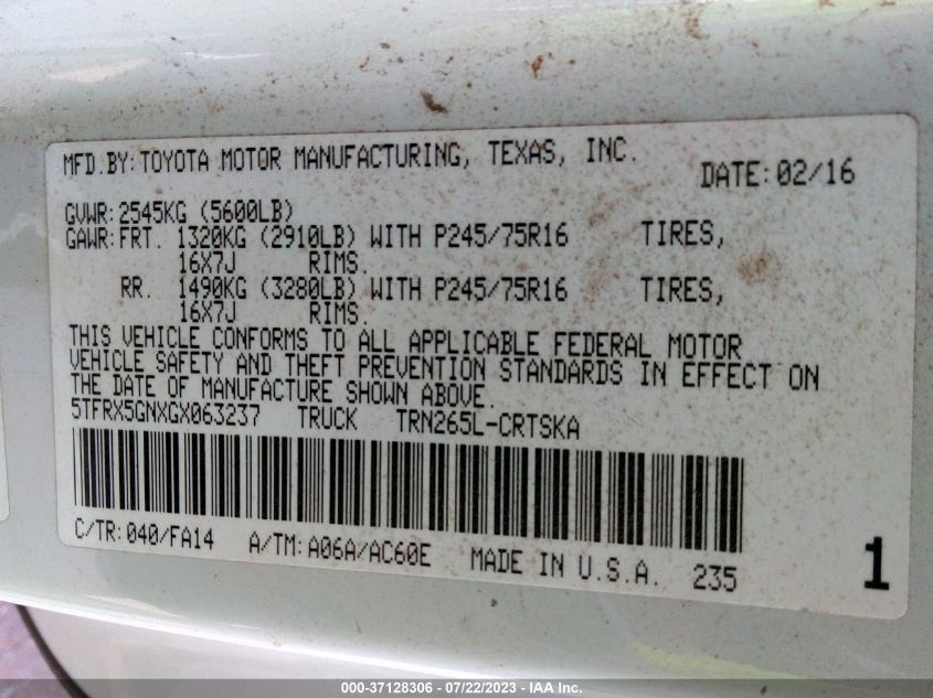 2016 TOYOTA TACOMA SR/SR5 - 5TFRX5GNXGX063237