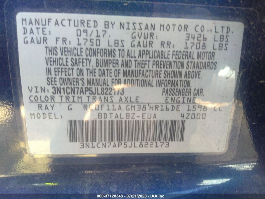 2018 NISSAN VERSA SEDAN SV - 3N1CN7AP5JL822173