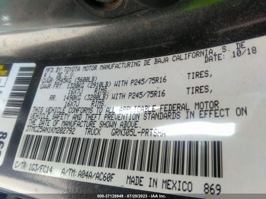 2019 TOYOTA TACOMA 4WD SR/SR5/TRD SPORT - 3TMCZ5AN1KM202792