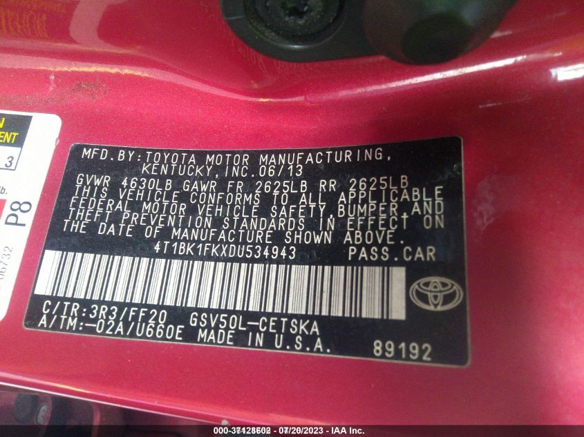 2013 TOYOTA CAMRY SE/XLE - 4T1BK1FKXDU534943