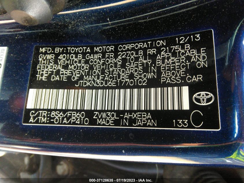 2014 TOYOTA PRIUS FOUR/FIVE/THREE/ONE/TWO - JTDKN3DU6E1770102