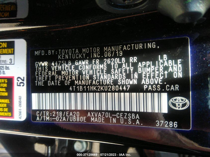 2019 TOYOTA CAMRY L/LE/XLE/SE/XSE - 4T1B11HK2KU280447