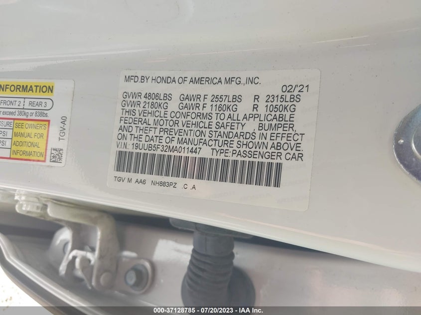 VIN 19UUB5F32MA011447 2021 ACURA TLX