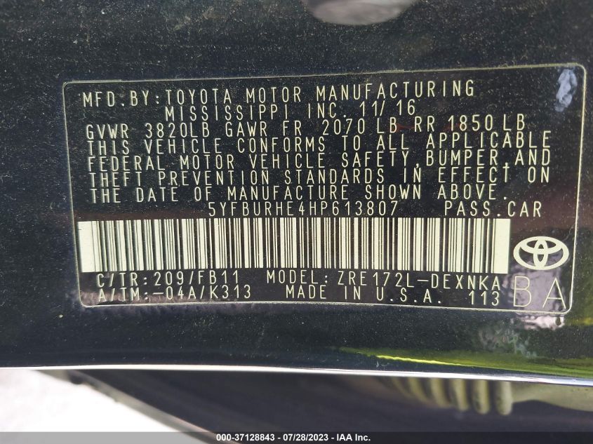 2017 TOYOTA COROLLA L/LE/XLE/SE/XSE - 5YFBURHE4HP613807
