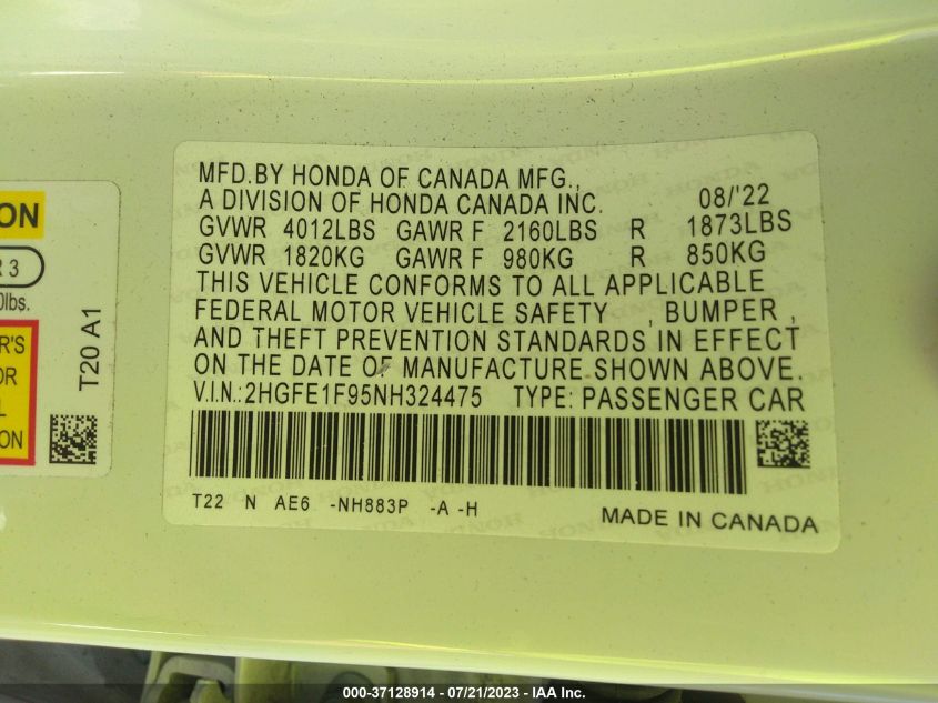 2022 HONDA CIVIC SEDAN TOURING - 2HGFE1F95NH324475