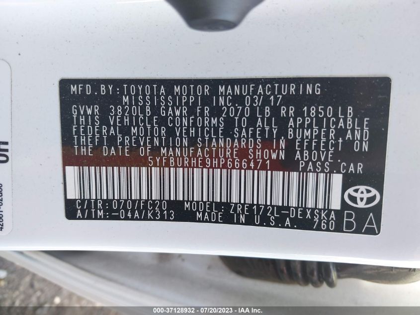 2017 TOYOTA COROLLA L/LE/XLE/SE - 5YFBURHE9HP666471