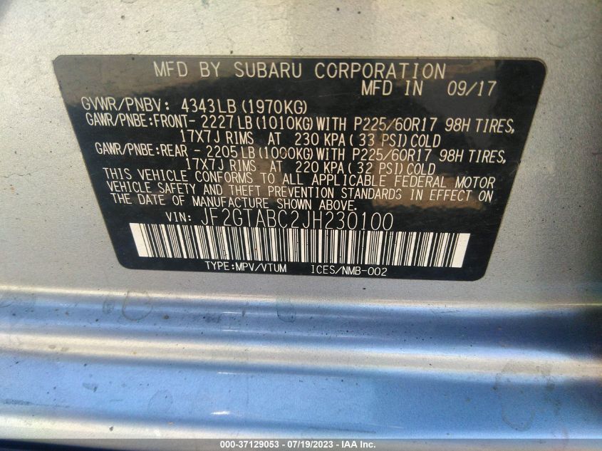 2018 SUBARU CROSSTREK PREMIUM - JF2GTABC2JH230100