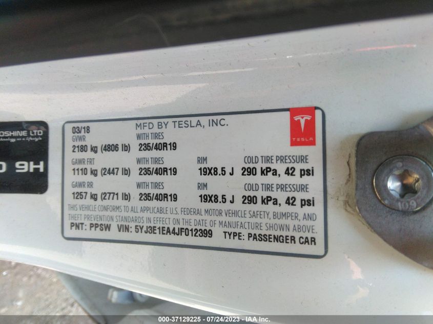 2018 TESLA MODEL 3 RANGE BATTERY - 5YJ3E1EA4JF012399