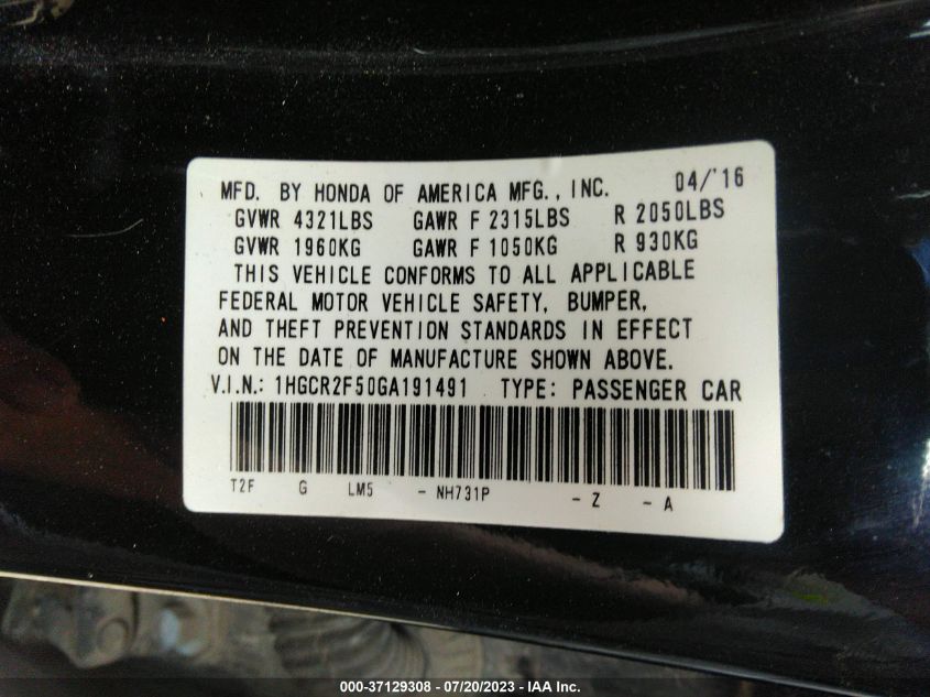 2016 HONDA ACCORD SEDAN SPORT - 1HGCR2F50GA191491