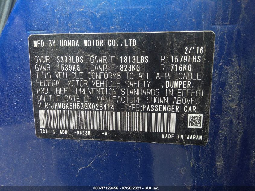 2016 HONDA FIT LX - JHMGK5H53GX028414