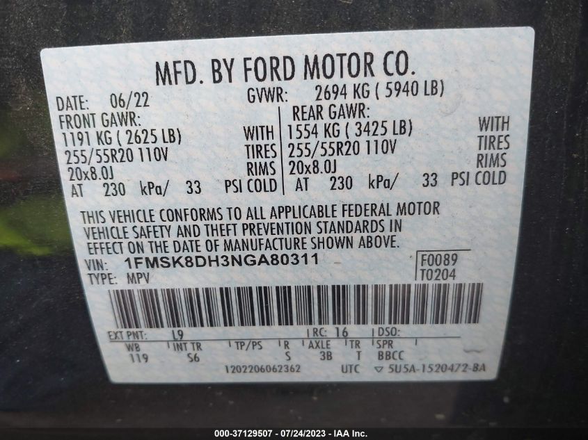 2022 FORD EXPLORER XLT - 1FMSK8DH3NGA80311
