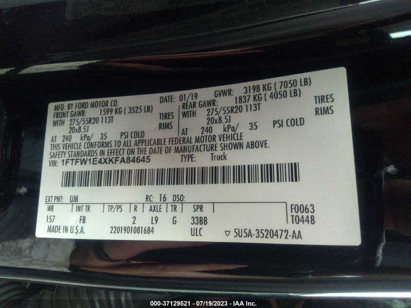 2019 FORD F-150 XL/XLT/LARIAT - 1FTFW1E4XKFA84645