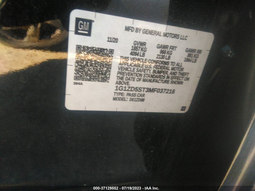 2021 CHEVROLET MALIBU LT - 1G1ZD5ST3MF037216