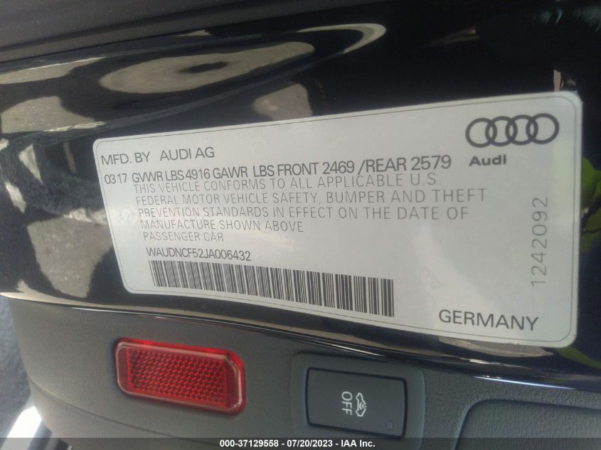 2018 AUDI A5 SPORTBACK PREMIUM - WAUDNCF52JA006432