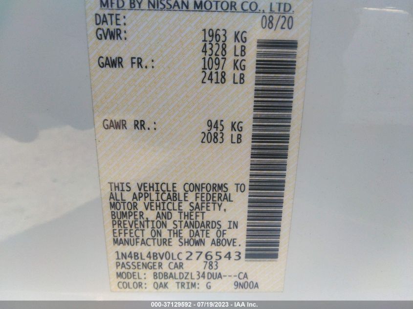 2020 NISSAN ALTIMA 2.5 S - 1N4BL4BV0LC276543