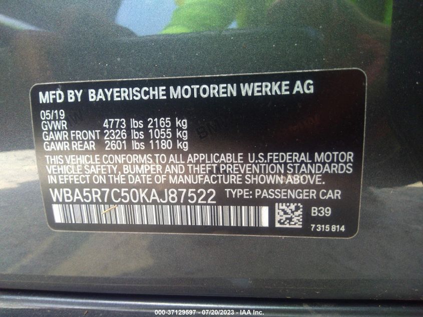 2019 BMW 3 SERIES 330I XDRIVE - WBA5R7C50KAJ87522
