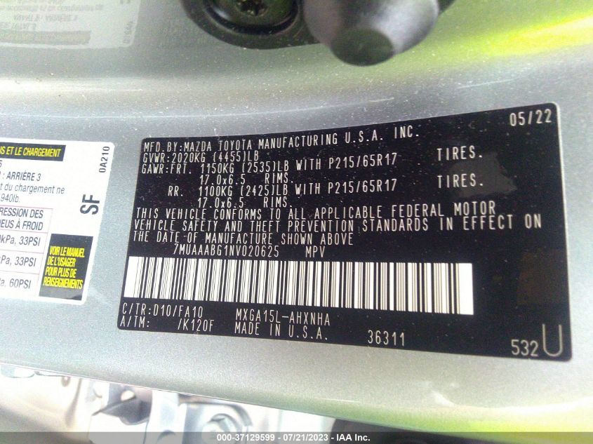 2022 TOYOTA COROLLA CROSS L - 7MUAAABG1NV020625