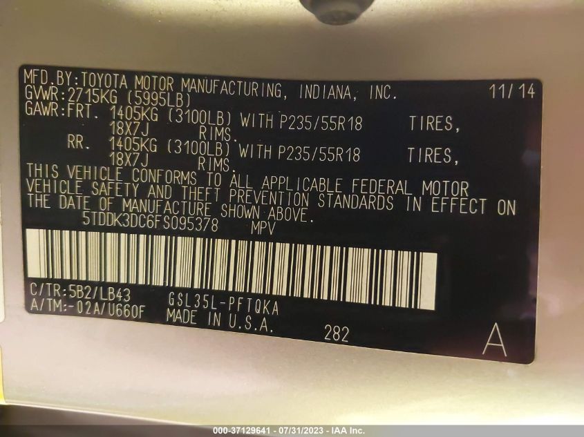 2015 TOYOTA SIENNA LTD/XLE/XLE PREMIUM - 5TDDK3DC6FS095378