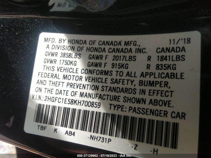 2019 HONDA CIVIC SI SEDAN - 2HGFC1E58KH700859